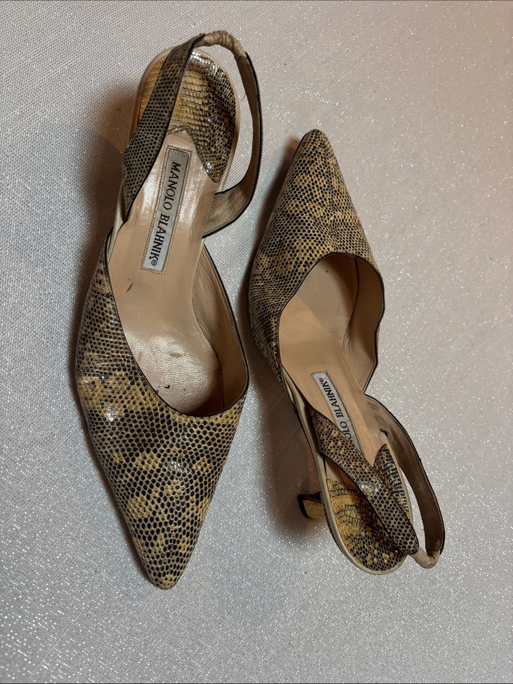 Manolo Blahnik Tan and Black Snake-Print Pointed Slingback Pumps